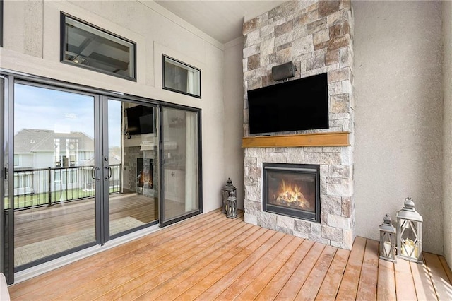 interior space featuring a stone fireplace