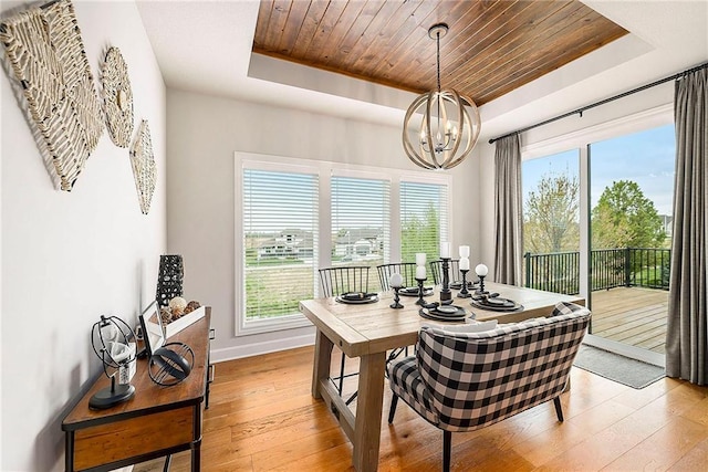 dining area featuring a chandelier, a raised ceiling, light wood-type flooring, and plenty of natural light