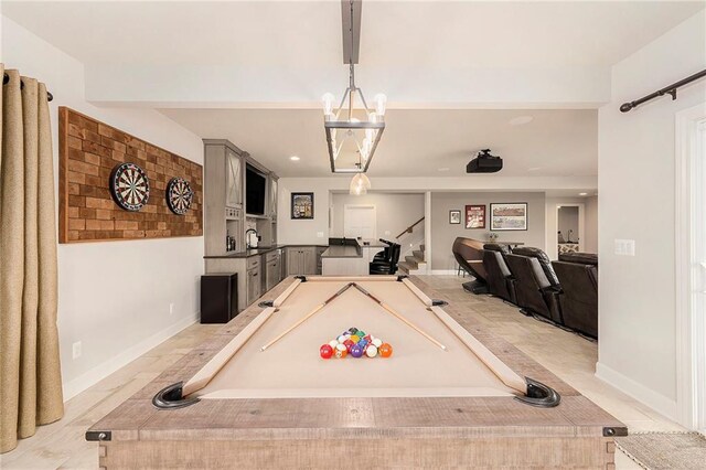 rec room featuring a sink, billiards, an inviting chandelier, baseboards, and recessed lighting