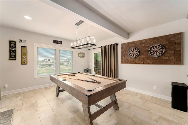 rec room featuring recessed lighting, beam ceiling, pool table, and baseboards