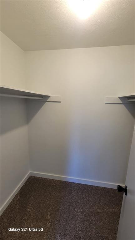spacious closet featuring dark colored carpet
