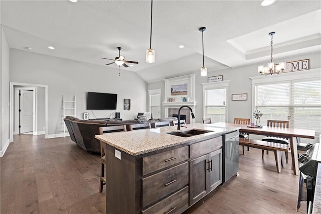 1002 Fox Trot Dr, Odessa, MO 64076 - kitchen with a sink, dishwasher, a fireplace, dark brown cabinetry, and a ceiling fan
