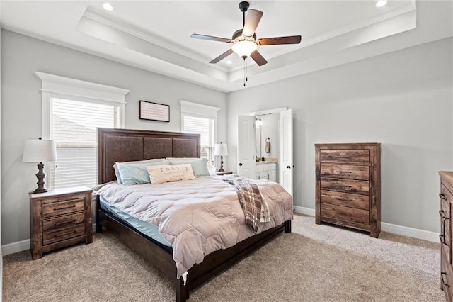 1002 Fox Trot Dr, Odessa, MO 64076 - bedroom featuring a tray ceiling, recessed lighting, light colored carpet, ornamental molding, and baseboards