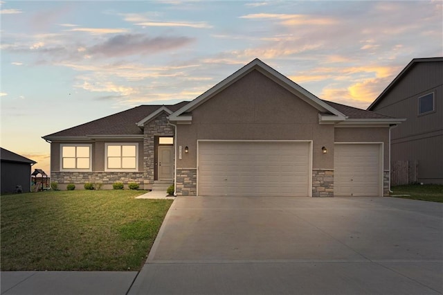 1002 Fox Trot Dr, Odessa, MO 64076 - view of front facade featuring stone siding, a garage, concrete driveway, and a front yard