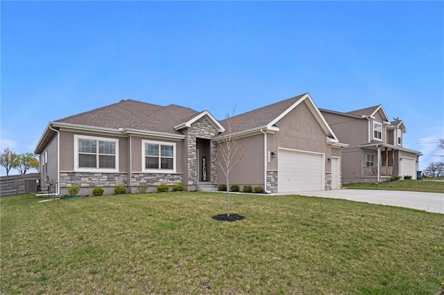 1002 Fox Trot Dr, Odessa, MO 64076 - view of front of property featuring stone siding, concrete driveway, a garage, and cooling unit