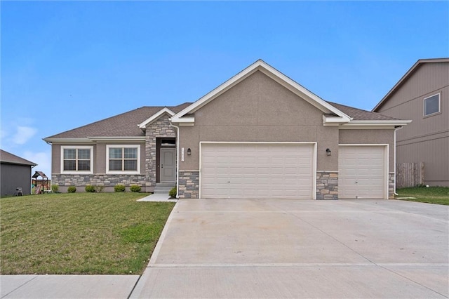 1002 Fox Trot Dr, Odessa, MO 64076 - view of front of home featuring stone siding, an attached garage, driveway, and a front lawn