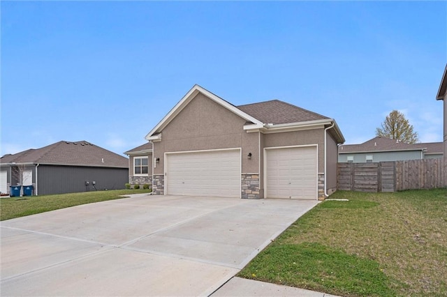 1002 Fox Trot Dr, Odessa, MO 64076 - view of front facade with an attached garage, driveway, stone siding, and stucco siding