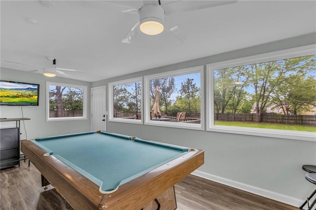 rec room with baseboards, a ceiling fan, pool table, and wood finished floors