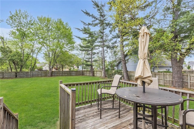 deck with a fenced backyard and a yard