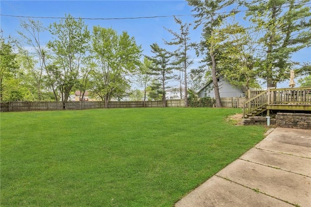 view of yard with a deck and a fenced backyard