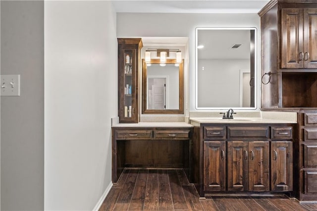 bathroom with wood-type flooring and vanity