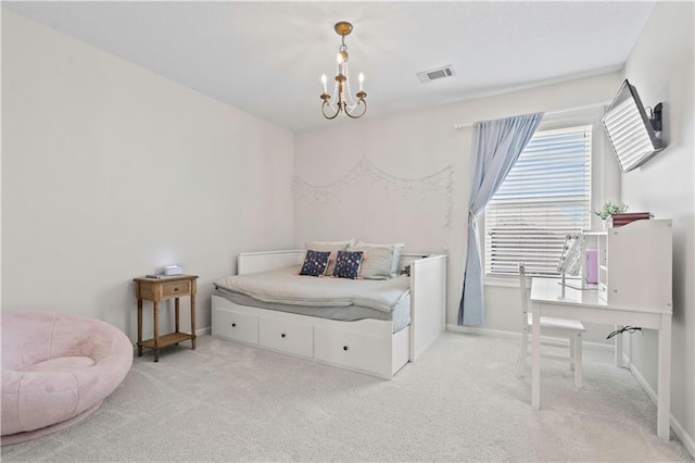bedroom with carpet flooring, a chandelier, and baseboards