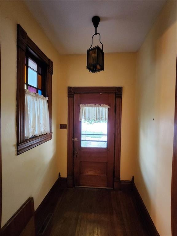 entryway with dark wood-type flooring, a wealth of natural light, and baseboards