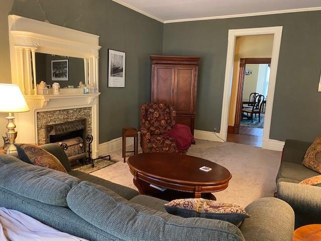 carpeted living area featuring crown molding, baseboards, and a high end fireplace