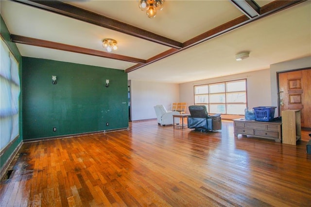 25388 Chieftain Rd, Lawrence, KS 66044 - office area featuring beam ceiling, baseboards, and wood finished floors