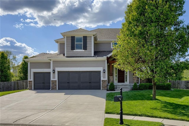 4102 NW 76th Ter, Kansas City, MO 64151 - view of front of property with driveway, a garage, stone siding, and roof with shingles