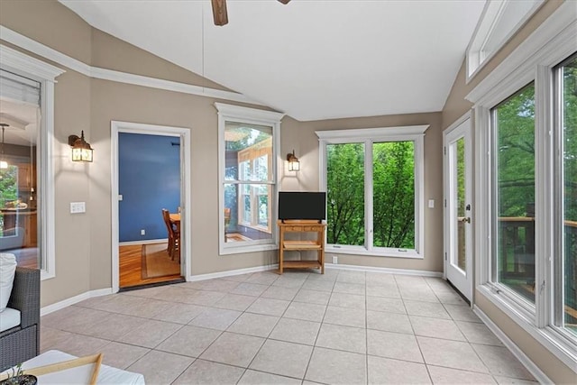 unfurnished sunroom featuring lofted ceiling