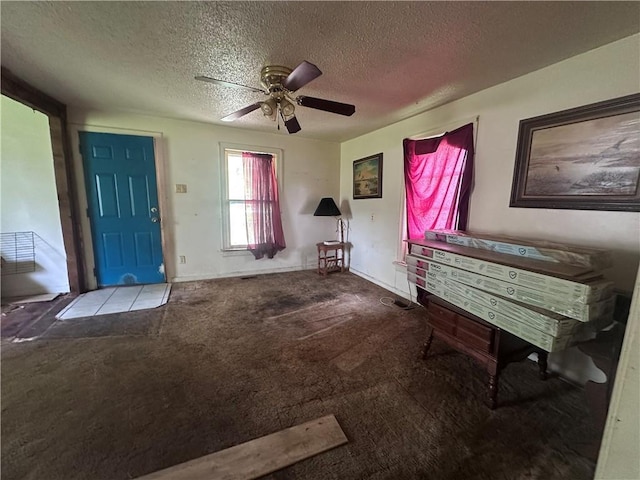 218 S Kent St, Excelsior Springs, MO 64024 - entryway with carpet, a textured ceiling, and a ceiling fan