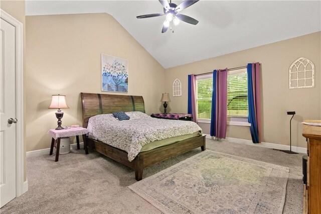 19625 E 18th Ter, Independence, MO 64057 - carpeted bedroom featuring vaulted ceiling, baseboards, and a ceiling fan