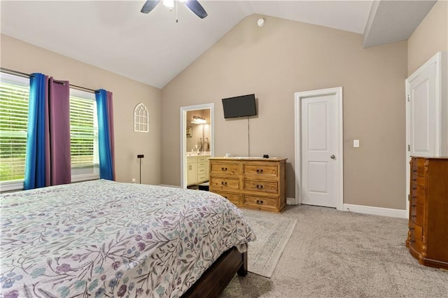 19625 E 18th Ter, Independence, MO 64057 - bedroom featuring carpet floors, multiple windows, high vaulted ceiling, baseboards, and a ceiling fan
