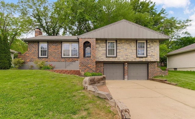 416 NE Carriage St, Lees Summit, MO 64064 - view of front of house featuring a garage, a front yard, driveway, a chimney, and brick siding