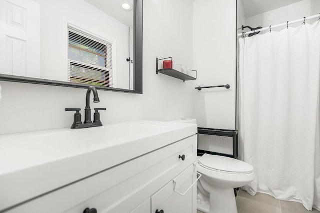 416 NE Carriage St, Lees Summit, MO 64064 - bathroom with vanity, toilet, a shower with curtain, and tile patterned flooring