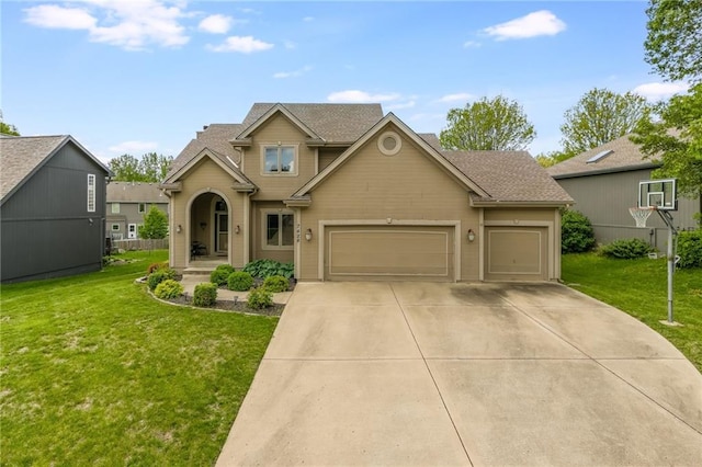 7428 N Smalley Ave, Kansas City, MO 64158 - traditional-style house featuring driveway, a front yard, a garage, and a shingled roof