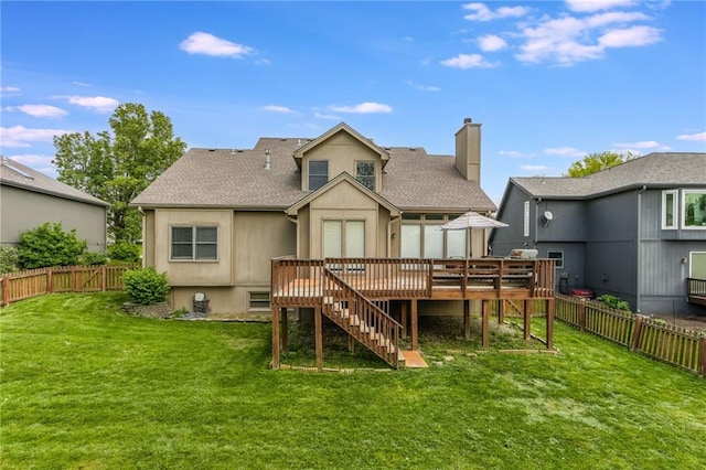 7428 N Smalley Ave, Kansas City, MO 64158 - back of property featuring stairs, a wooden deck, a chimney, and roof with shingles