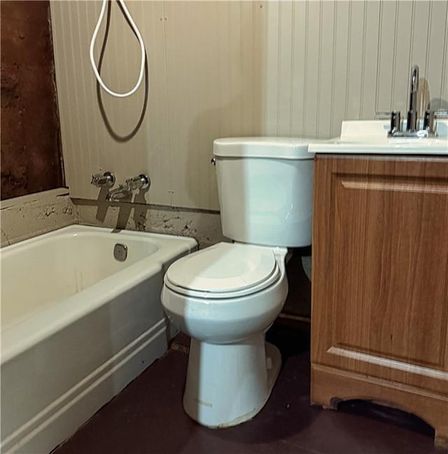 full bathroom featuring washtub / shower combination, toilet, and vanity