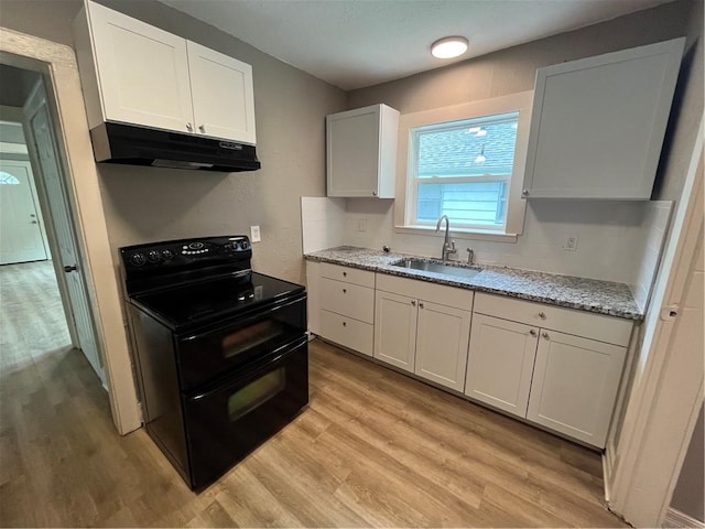 5702 Euclid Ave, Kansas City, MO 64130 - kitchen featuring light wood finished floors, a sink, under cabinet range hood, and range with two ovens