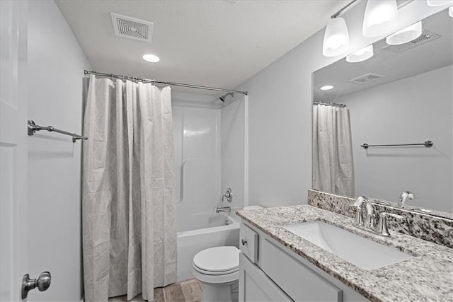 full bathroom with visible vents, recessed lighting, and wood finished floors