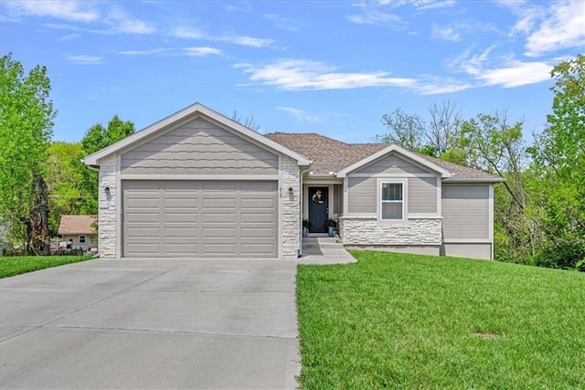 single story home with driveway, a front lawn, stone siding, and a garage