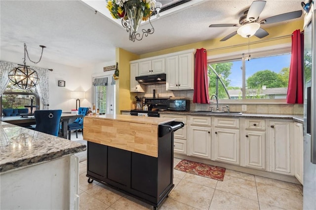 13613 Lowell Ave, Grandview, MO 64030 - kitchen with a sink, under cabinet range hood, black appliances, a center island, and backsplash
