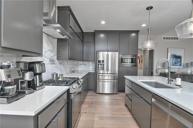 kitchen with wall chimney range hood, gray cabinets, visible vents, a sink, and stainless steel appliances