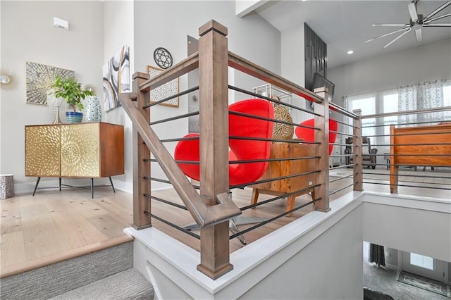 interior space featuring recessed lighting, ceiling fan, and wood finished floors