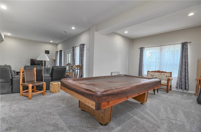 recreation room with recessed lighting, carpet, and pool table