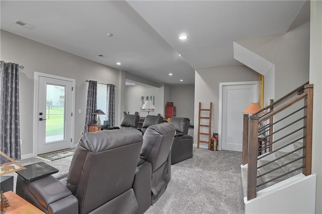 carpeted home theater with baseboards, recessed lighting, and visible vents