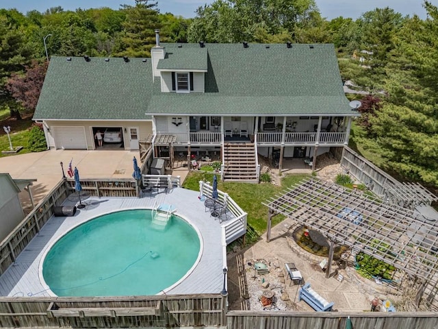 24545 W 54th St, Shawnee, KS 66226 - rear view of property with stairs, a fenced backyard, a chimney, and a shingled roof