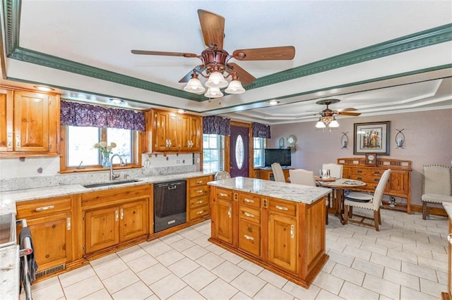24545 W 54th St, Shawnee, KS 66226 - kitchen with a sink, dishwasher, ceiling fan, brown cabinets, and crown molding