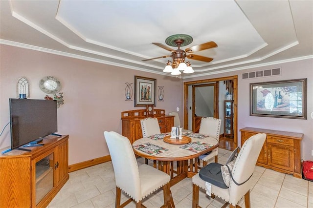 24545 W 54th St, Shawnee, KS 66226 - dining area with a tray ceiling, ceiling fan, crown molding, light tile patterned floors, and baseboards