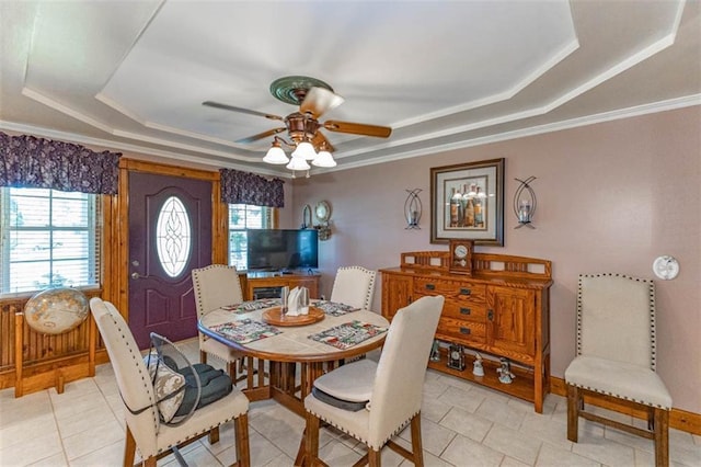 24545 W 54th St, Shawnee, KS 66226 - dining room with a tray ceiling, ceiling fan, and light tile patterned floors