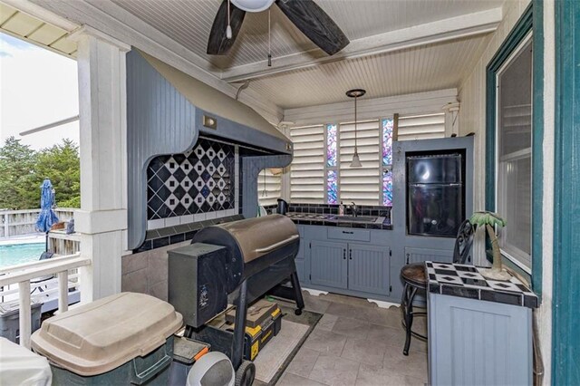 24545 W 54th St, Shawnee, KS 66226 - view of patio / terrace with ceiling fan, an outdoor kitchen, and a sink