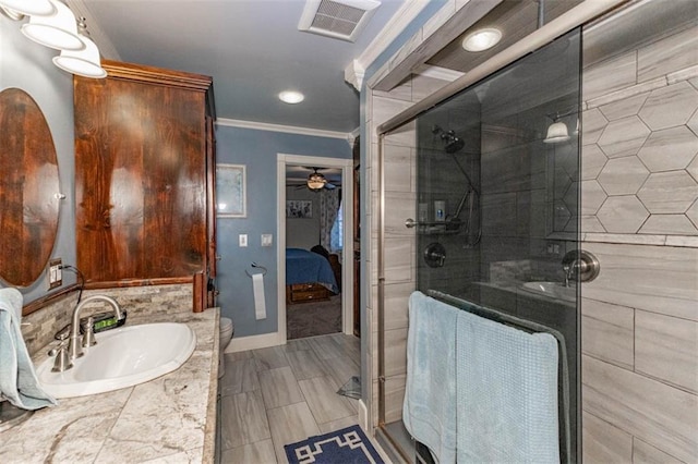 24545 W 54th St, Shawnee, KS 66226 - full bath with crown molding, a shower stall, vanity, a ceiling fan, and ensuite bath