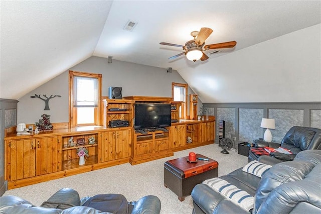 24545 W 54th St, Shawnee, KS 66226 - carpeted living area with lofted ceiling and ceiling fan
