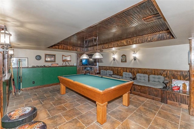 24545 W 54th St, Shawnee, KS 66226 - game room with a tray ceiling, billiards table, a wainscoted wall, baseboards, and wooden walls