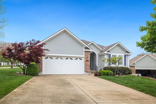 single story home with an attached garage, driveway, brick siding, and a front yard