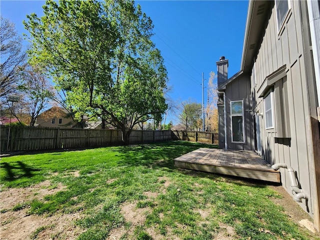 view of yard featuring a fenced backyard and a wooden deck