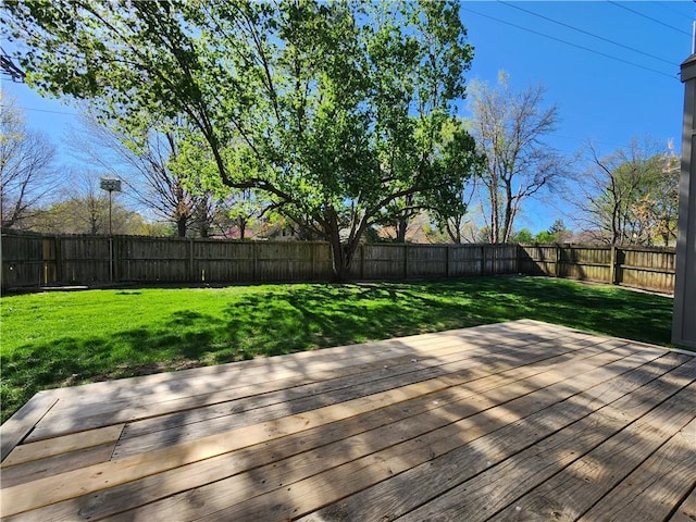 wooden deck featuring a fenced backyard and a lawn