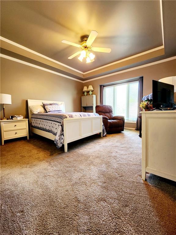 bedroom featuring carpet, a tray ceiling, crown molding, and ceiling fan
