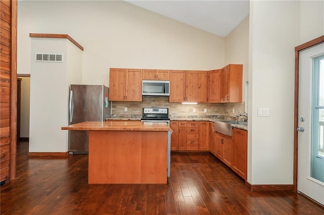 kitchen featuring high vaulted ceiling, a sink, stainless steel appliances, backsplash, and visible vents